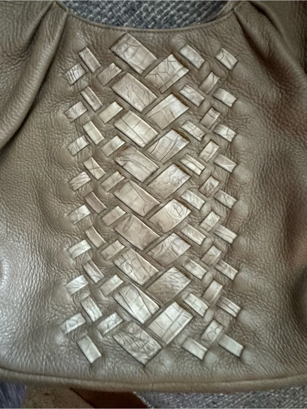 Brahmin Dreamweaver Taupe Leather Satchel with Woven Patchwork & Braided Accent